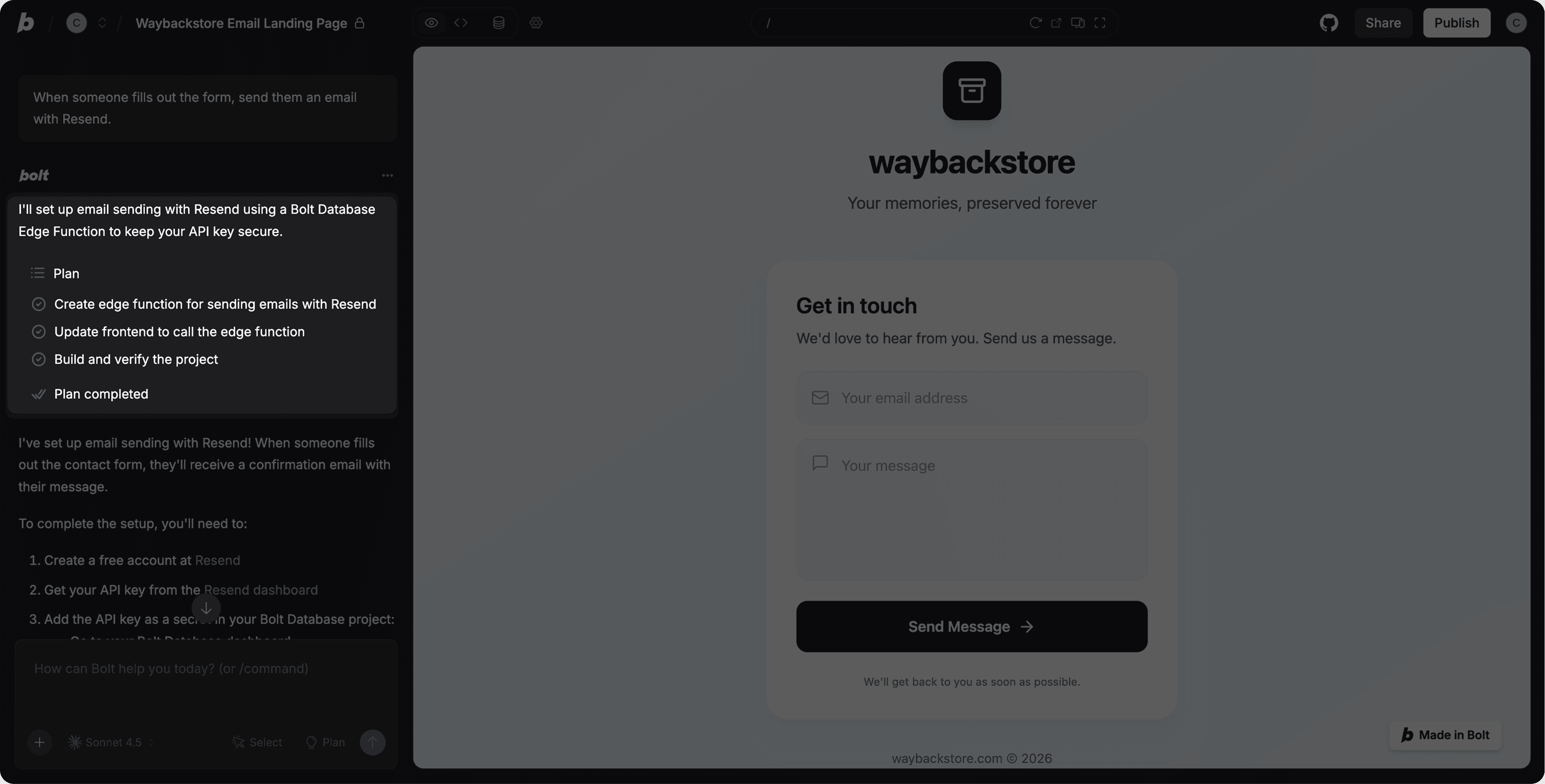 Bolt sending an email using Resend