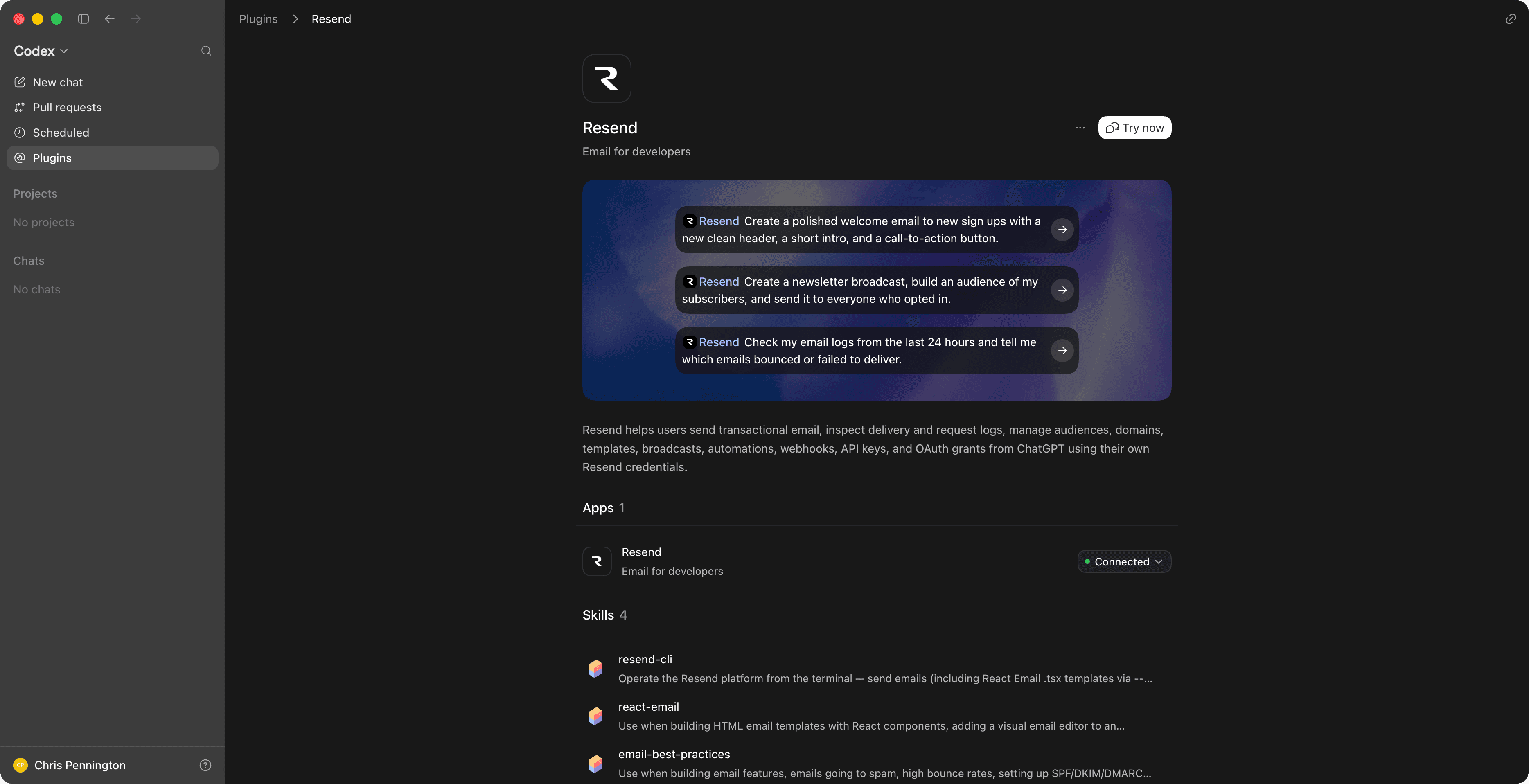 Codex sending an email using Resend